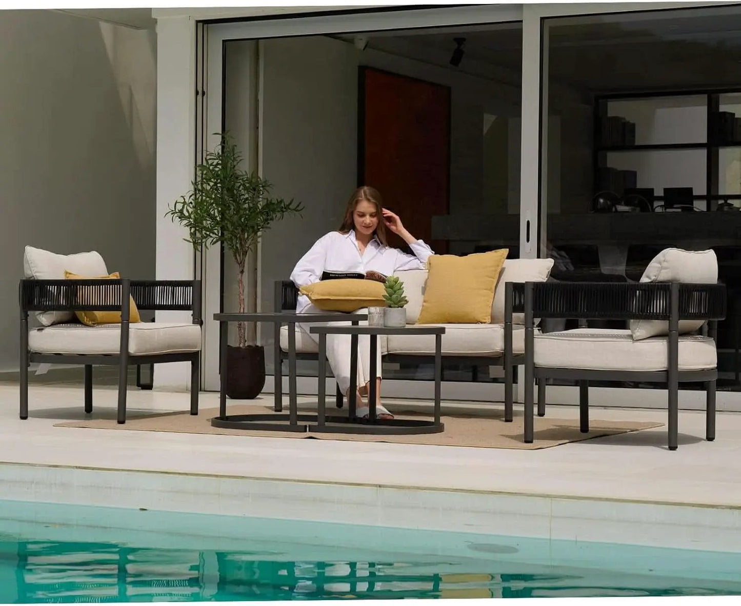 Beige 5 Piece Outdoor Wicker Patio Set With Thick Cushions from PriceLows™