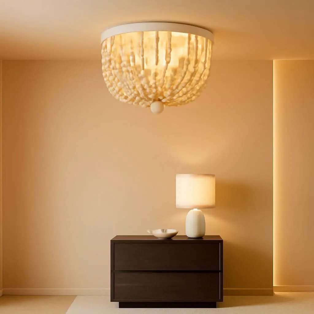 Boho Wood Beaded Flush Mount Chandelier Oak Finish 2 Lights from PriceLows™