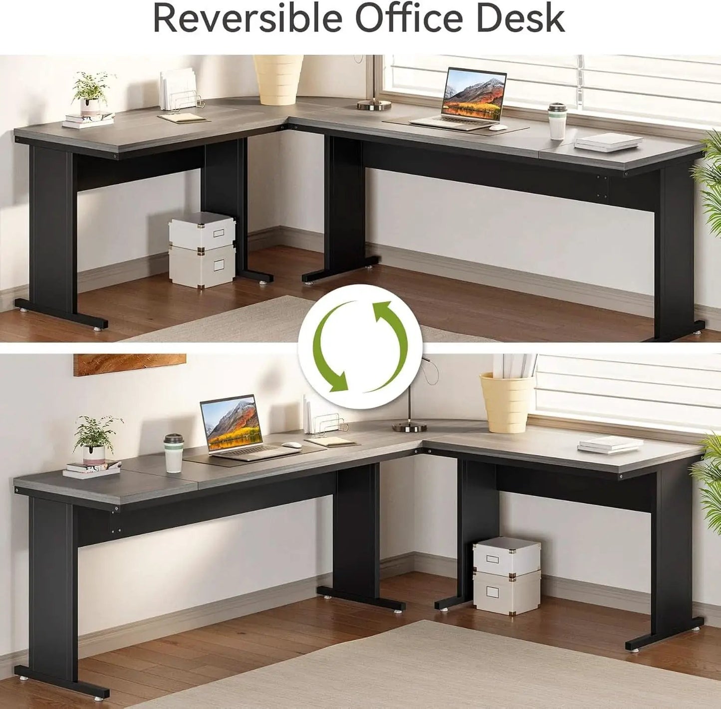 83in Gray Farmhouse L Shaped Desk With Mobile File Cabinet from PriceLows™