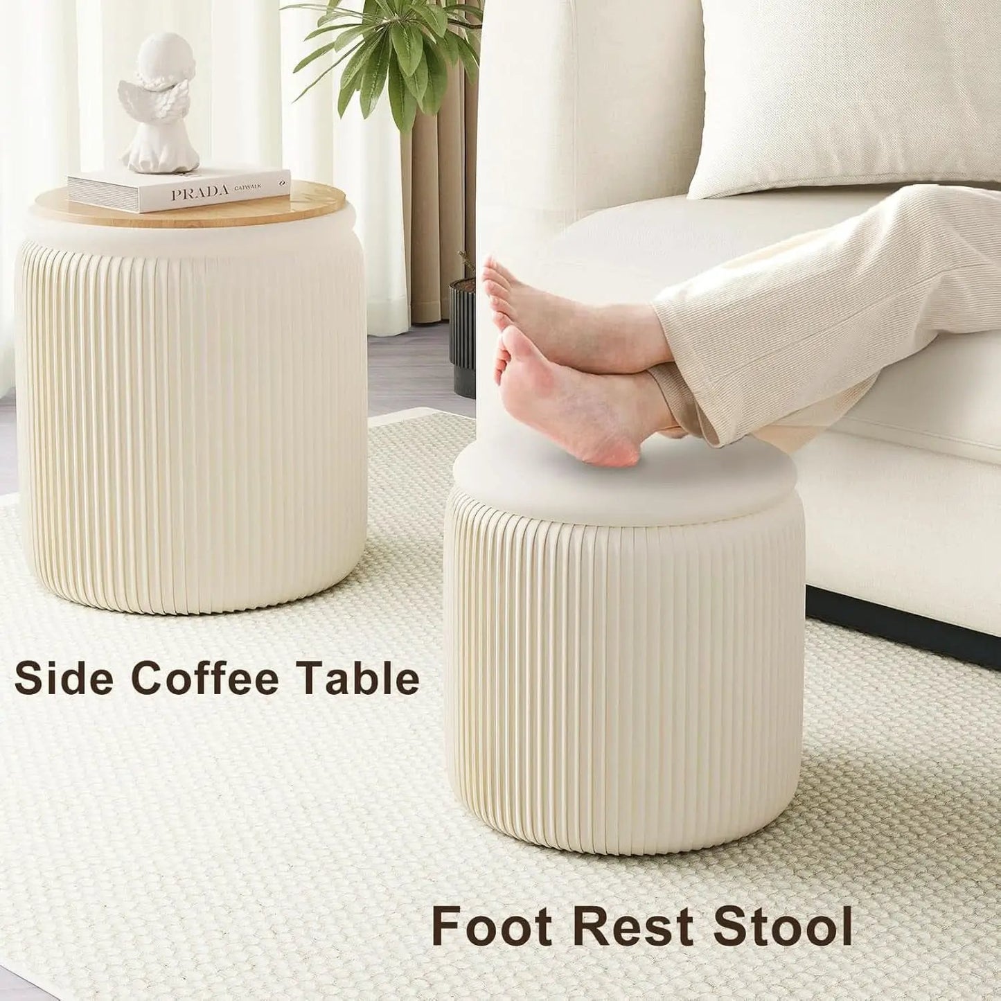 White Velvet Upholstered Storage Ottoman Vanity Set from PriceLows™