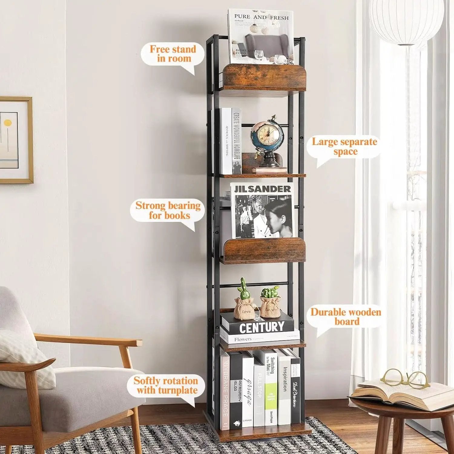 Black 5-Shelf 360 Degree Rotating Corner Bookshelf Tower from PriceLows™