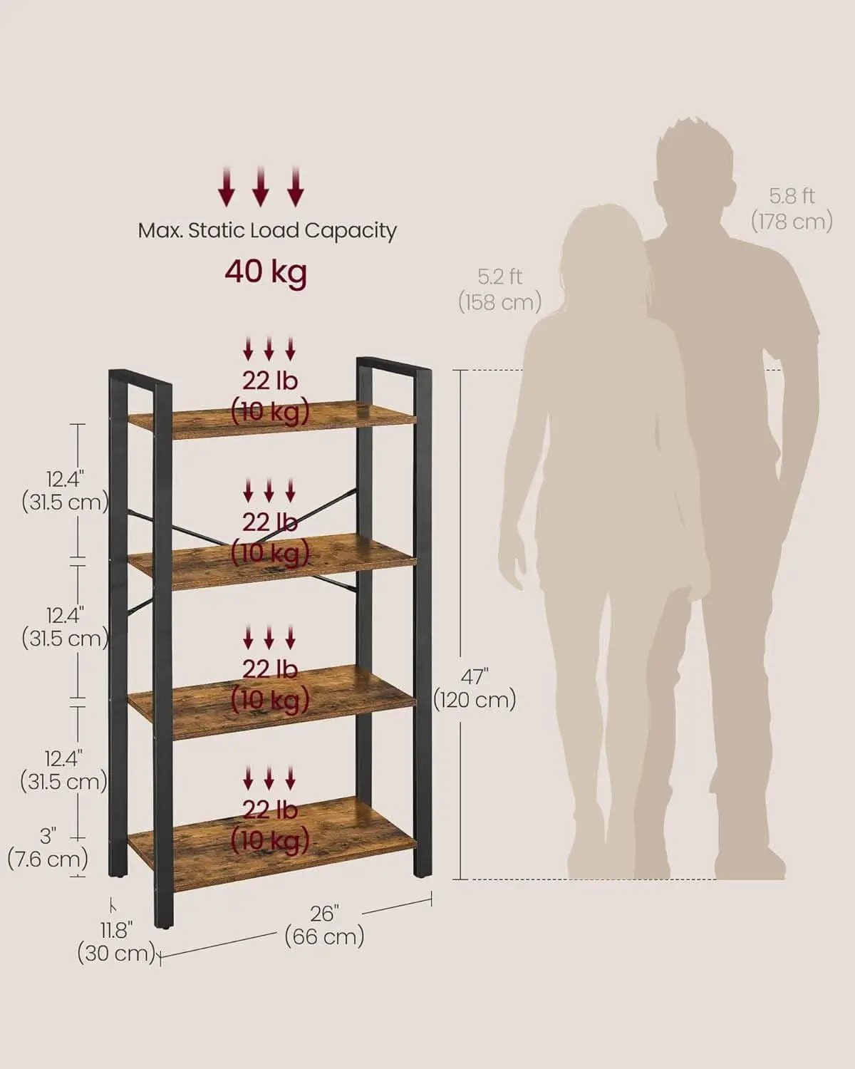 Four Tier Bookshelf Rustic Brown Steel Frame 47 Inches High from PriceLows™