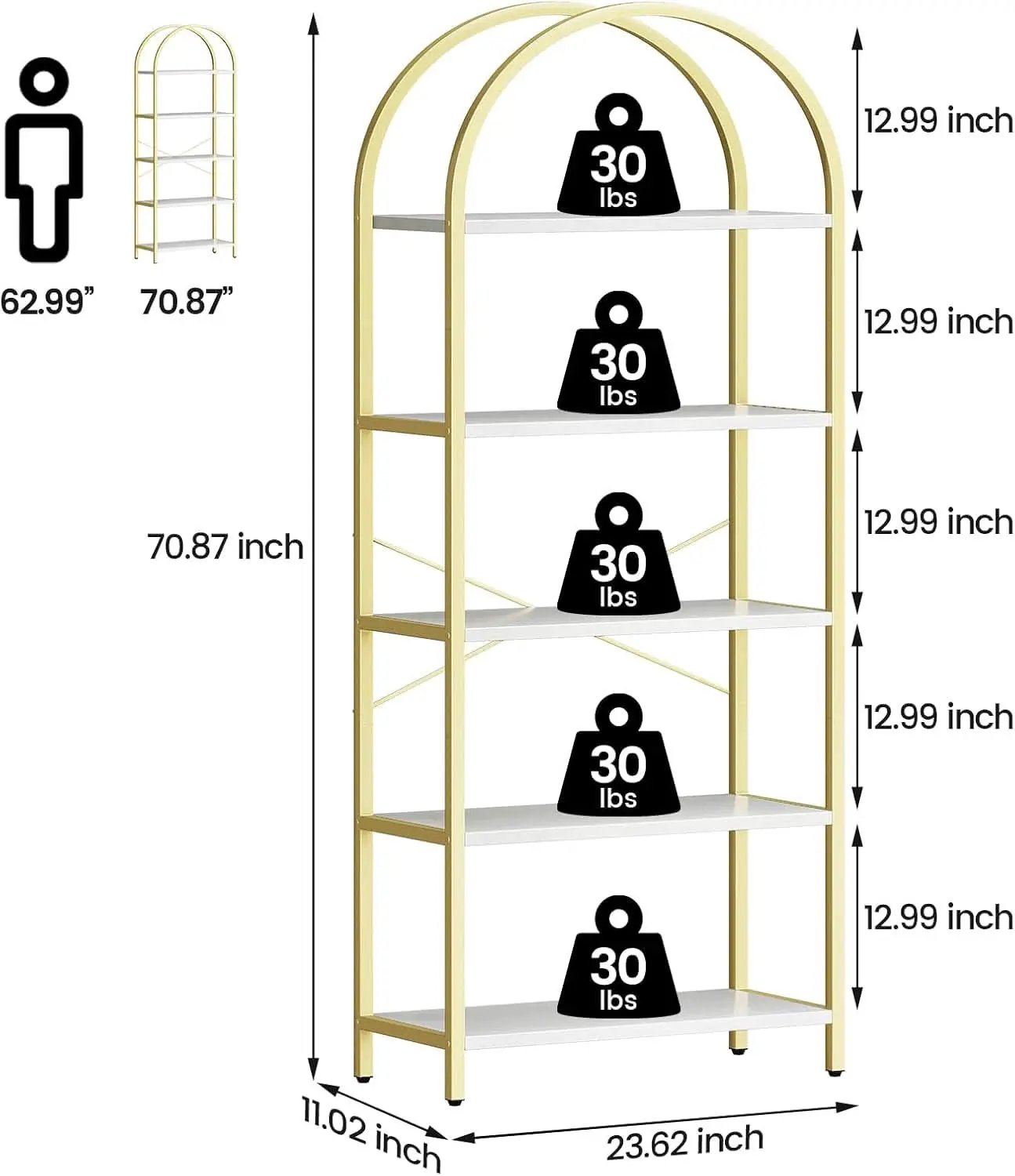 5 Tier Bookshelf Arched Display White Gold Metal Frame Bookcase from PriceLows™
