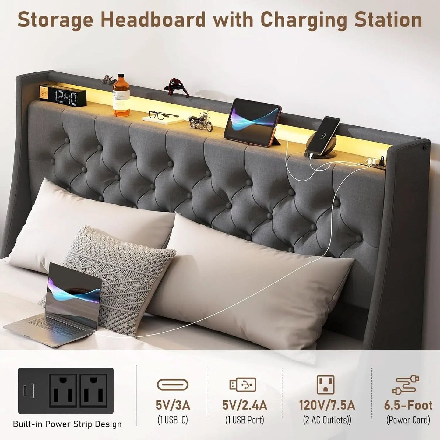 Queen Bed Frame With Storage Headboard LED Lighting from PriceLows™