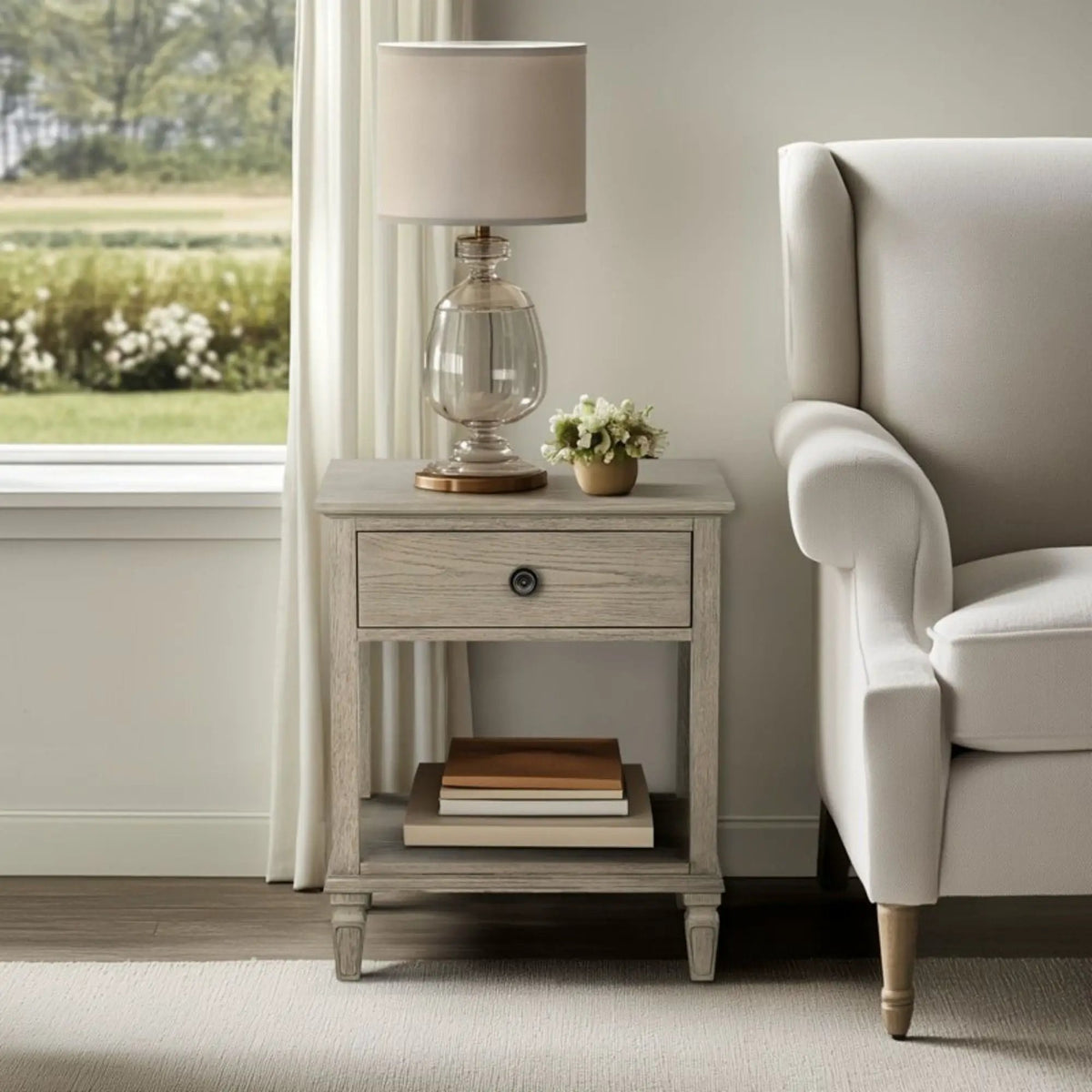 Victoria Bedside Table | Aged Brown Oak Finish | Drawer And Open Shelf | Wire Brush Detail