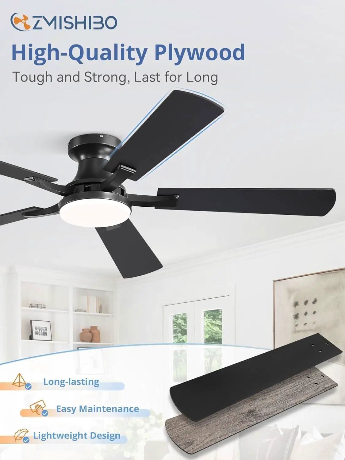 52 Inch Matte Black Ceiling Fan With Dimmable LED Light from PriceLows™