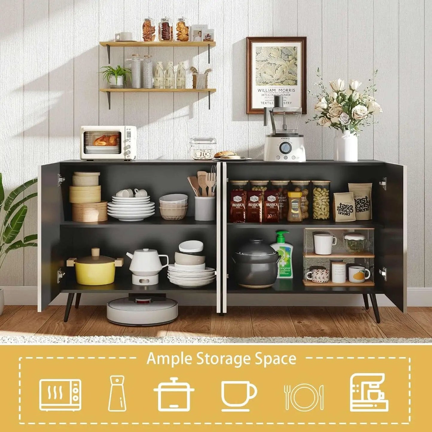 63 Inch Oak And Black Mid Century Modern Sideboard from PriceLows™
