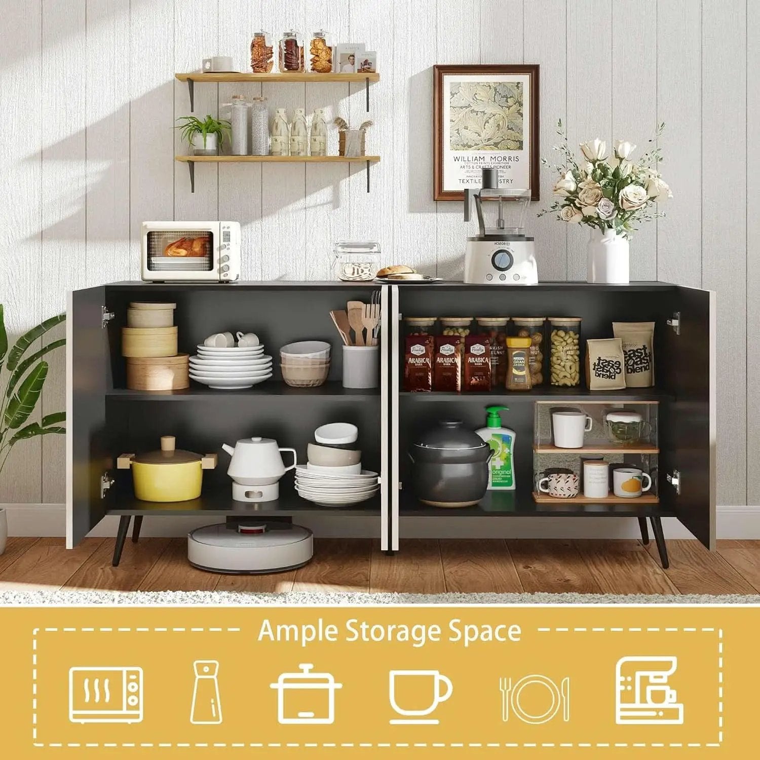 63 Inch Oak And Black Mid Century Modern Sideboard from PriceLows™
