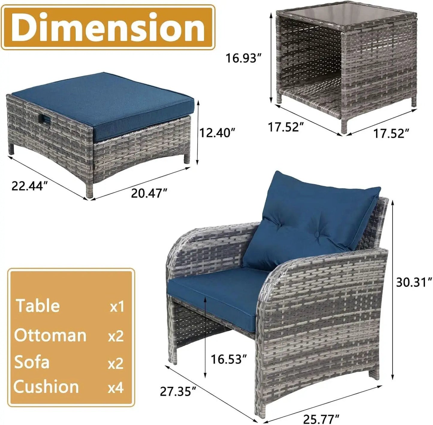 5 Pieces Wicker Outdoor Patio Chairs Set With Ottoman Blue from PriceLows™
