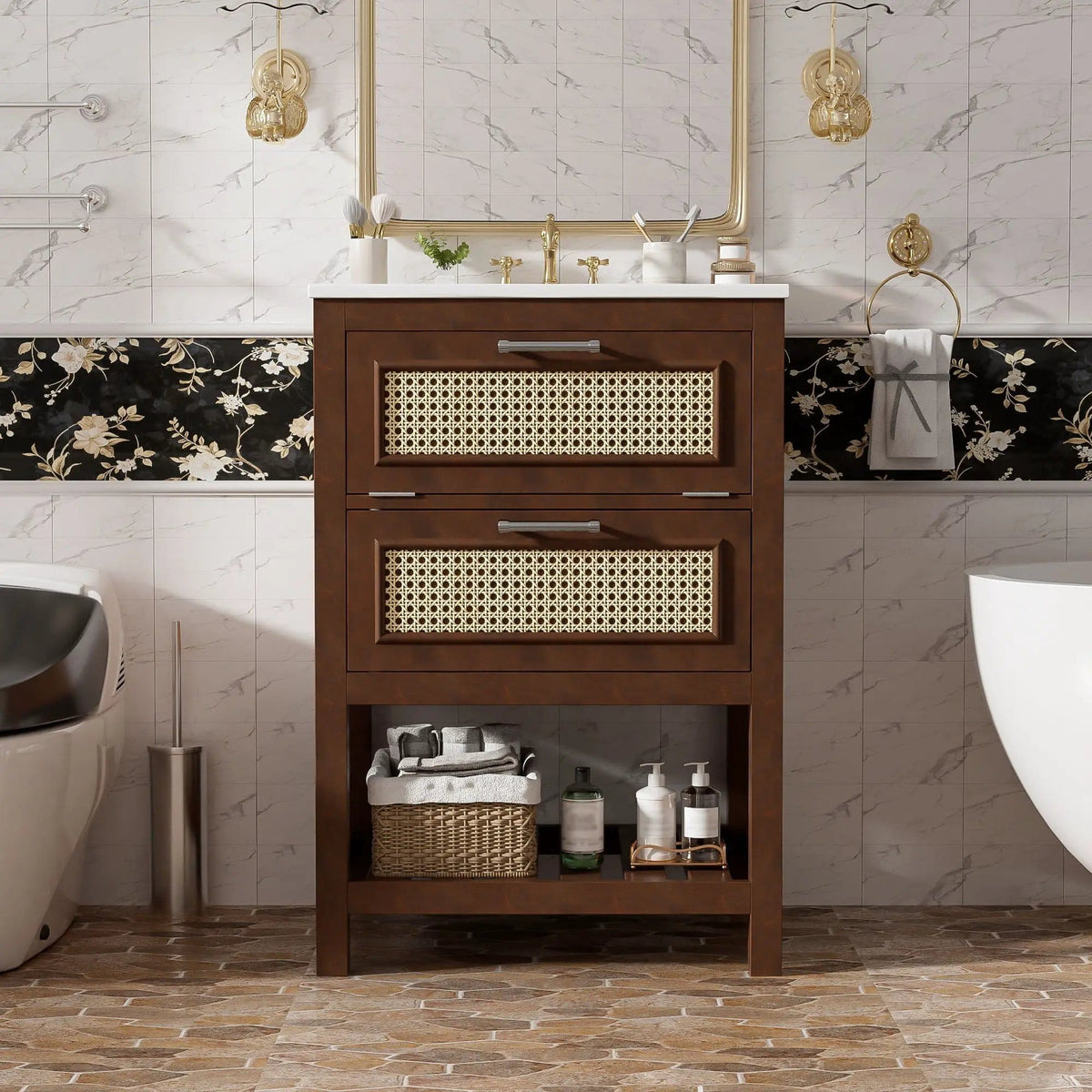 Modern Bathroom Vanity With Integrated Sink, Cabinet With 1 Deep Drawer And 1 | 2 Pieces | Solid Wood & Rattan | Bathroom