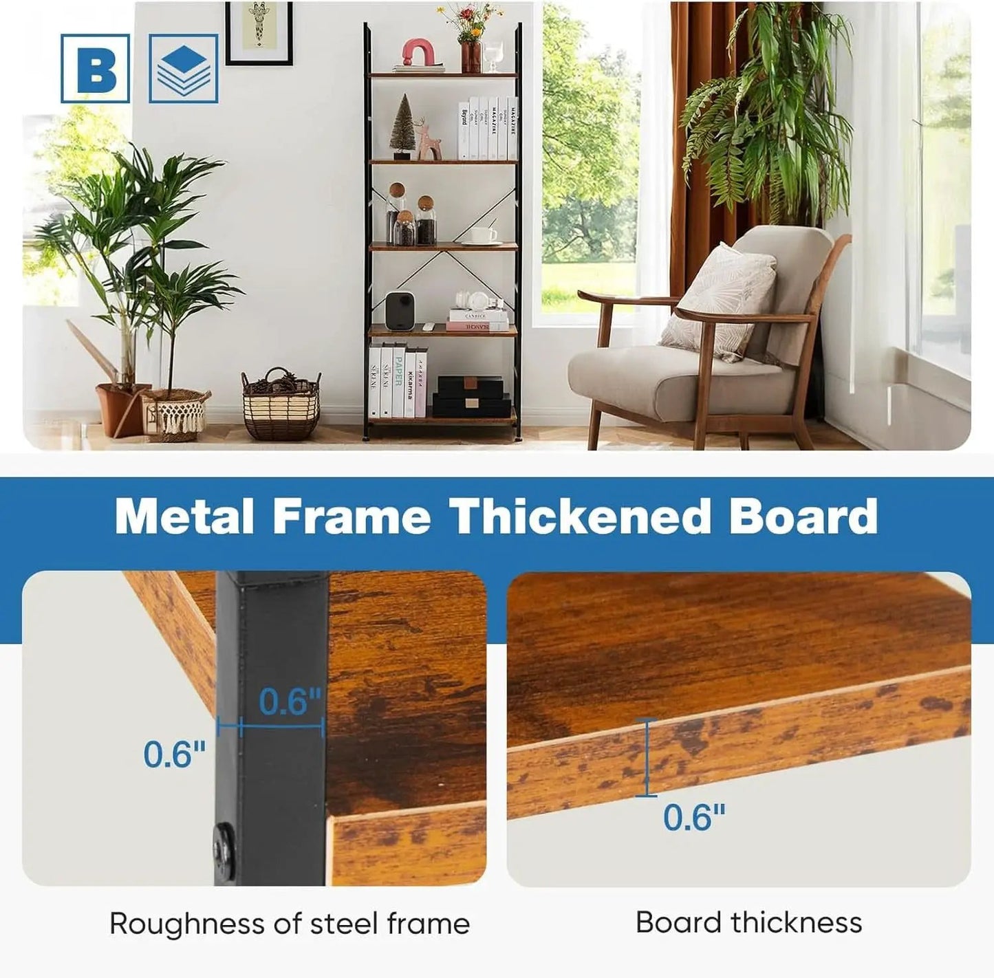 Rustic Brown Five Tier Bookshelf Narrow Space Saver from PriceLows™