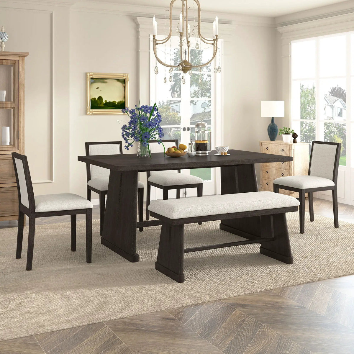 Dining Set | Rectangular Table | 4 Chairs 1 Bench | Seats 6