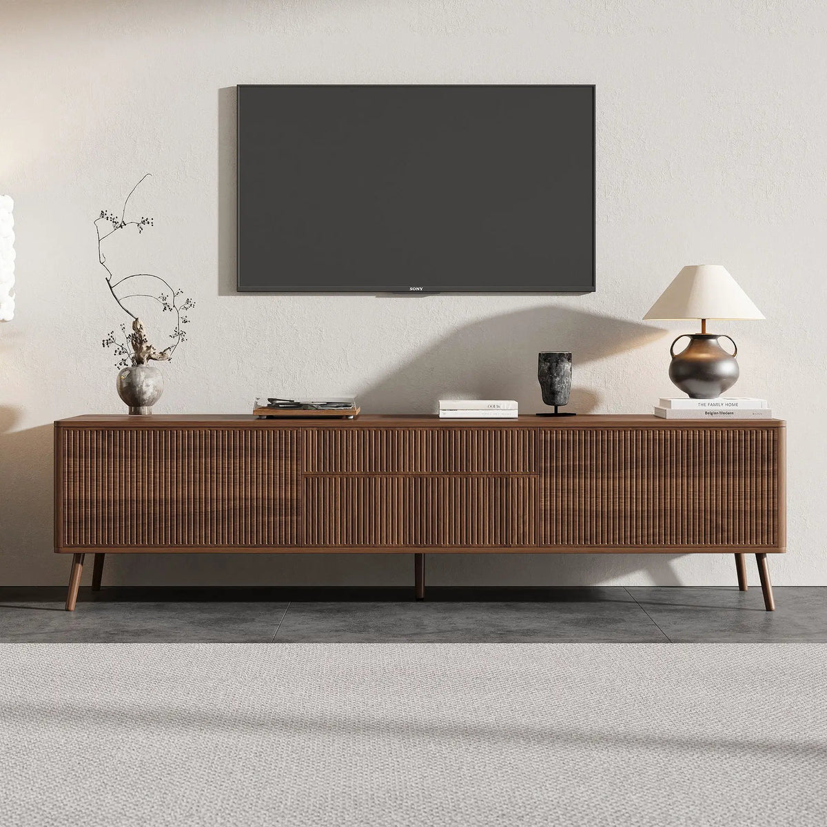 TV Stand | Fluted Cabinet | Soft Close Hinges | Walnut Finish