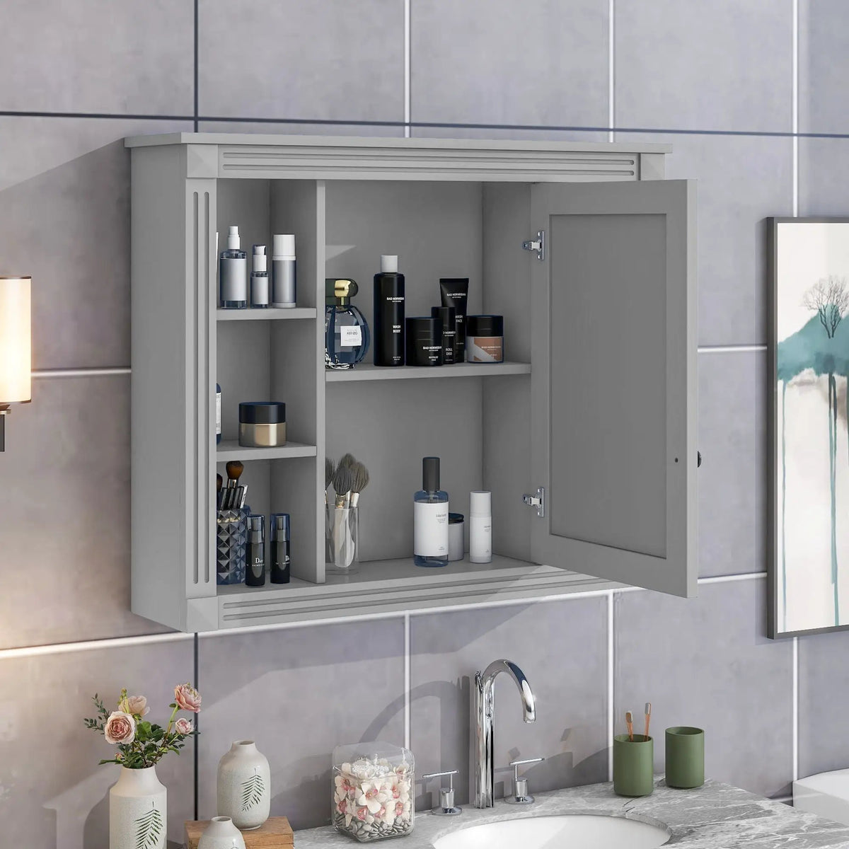Bathroom Storage Cabinet With Mirror | 6 Open Shelves | Vintage Handle | Adjustable Interior