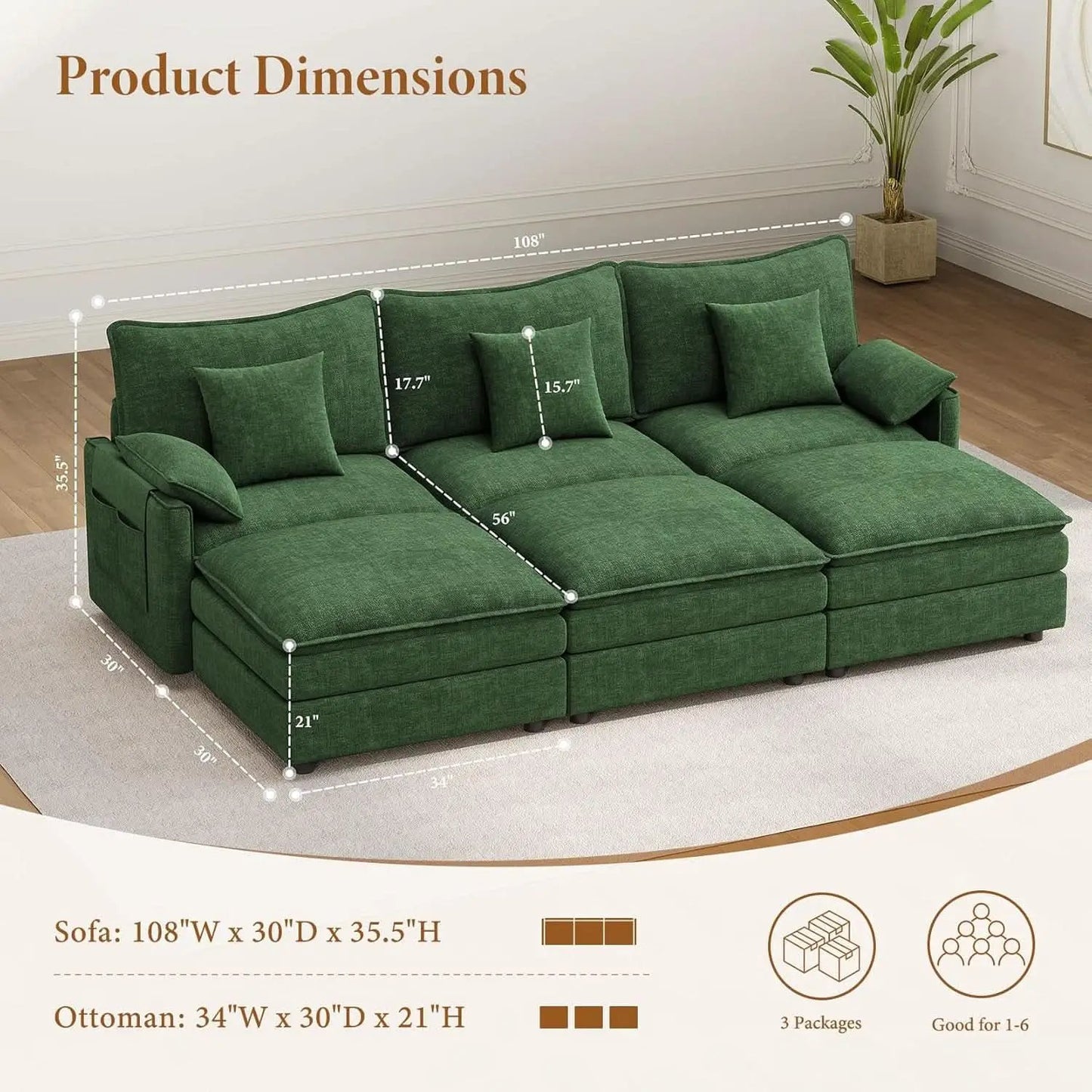 Green 108 Inch DeluxePlus Cloud Sleeper Sectional Sofa from PriceLows™