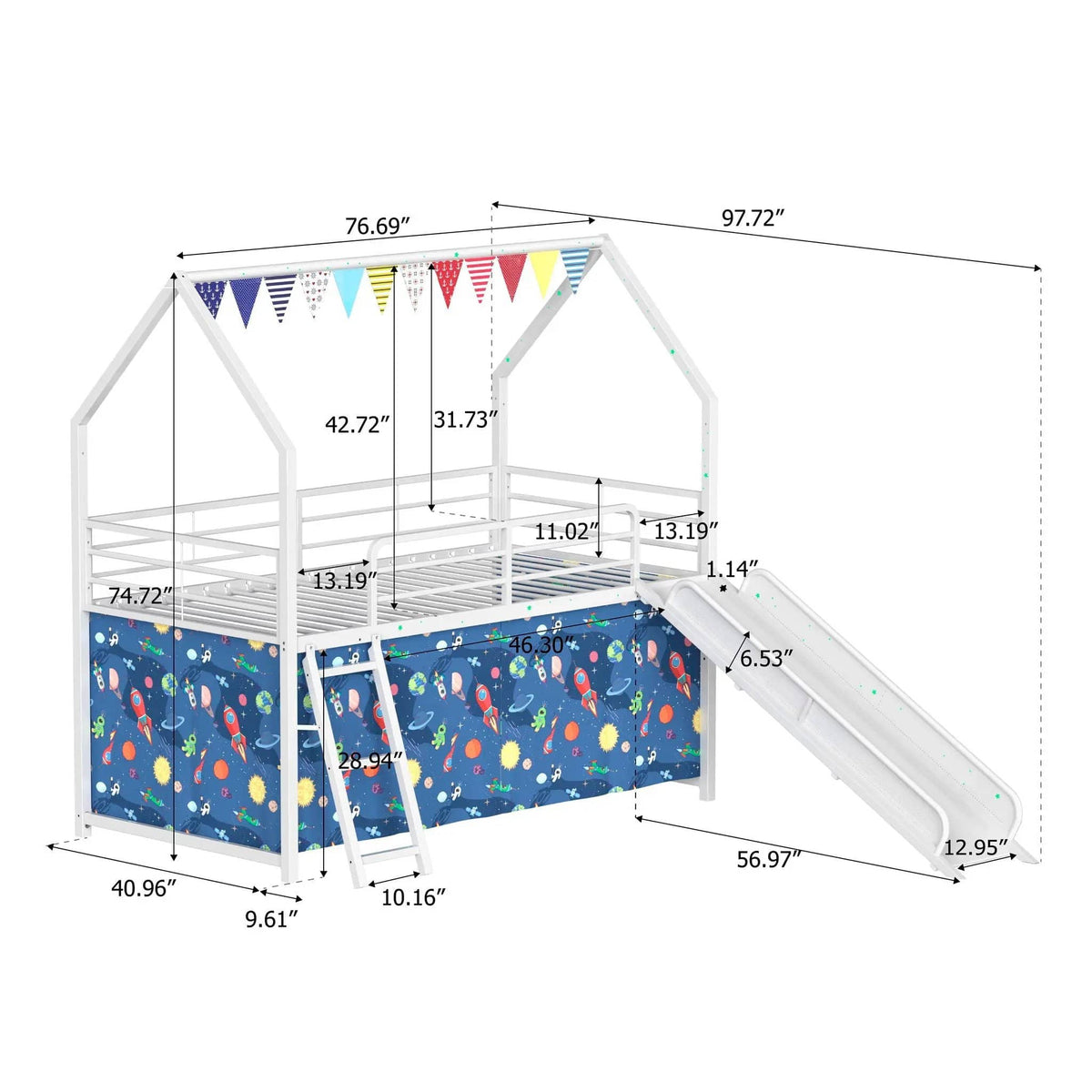 Jack House Loft Bed With Slide And Curtain Set | 5 Pieces | Metal | Bedroom