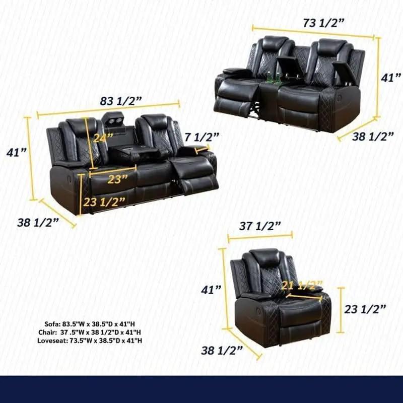 Black Power Recliner Sofa Set With LED And USB Charging from PriceLows™
