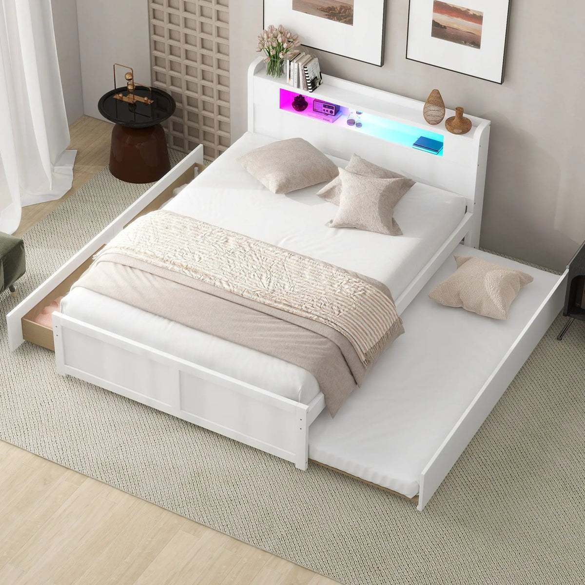 Storage Platform Bed | Color Changing LED Lights | Twin Trundle | 2 Drawers