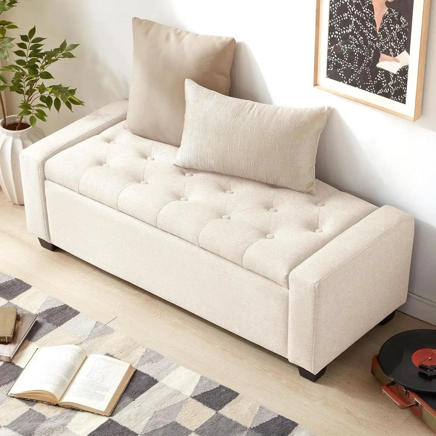 48 Inch Storage Unit Ottoman Bench Upholstered Beige from PriceLows™