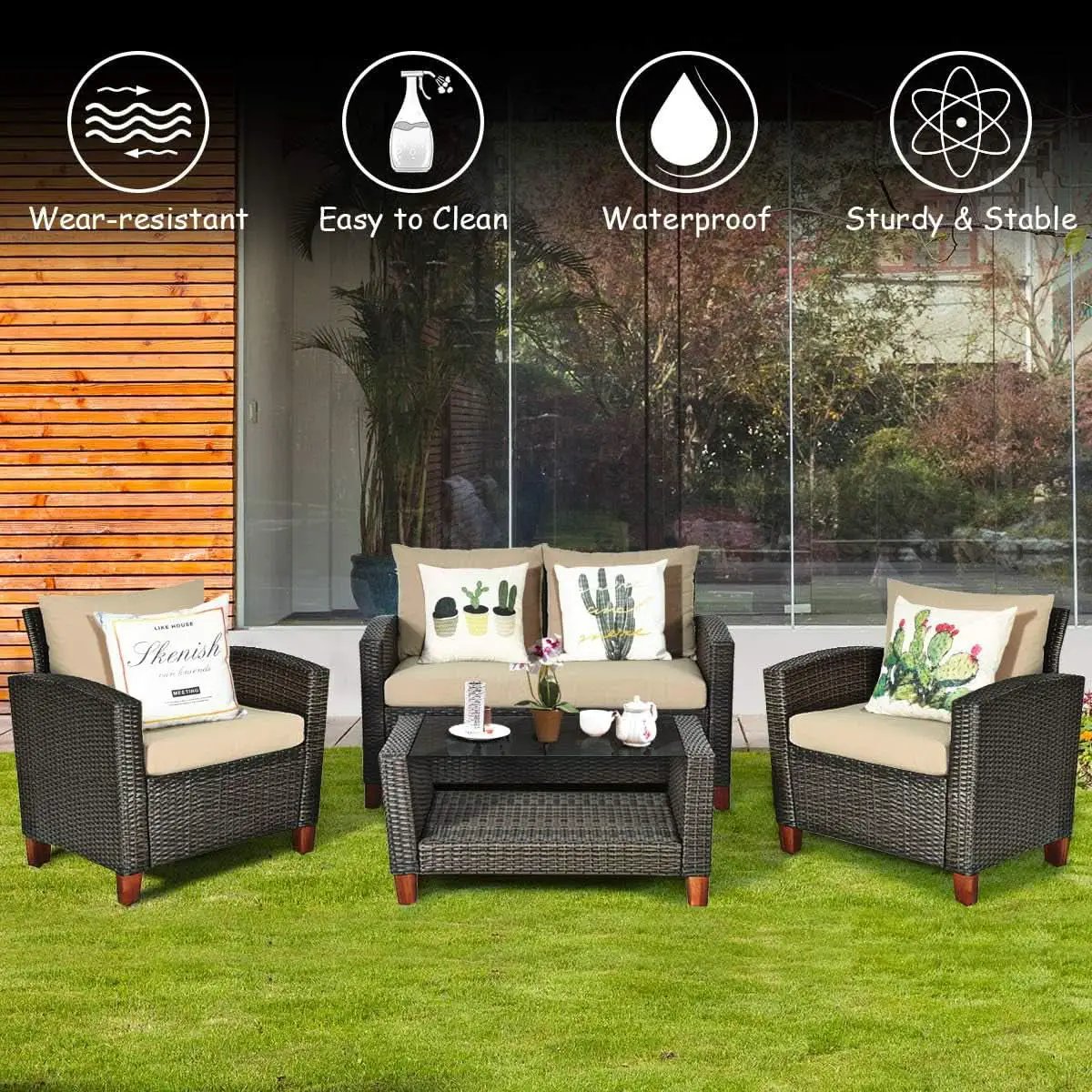 Patio Rattan Furniture Set 4 Piece Beige For Outdoor Use from PriceLows™