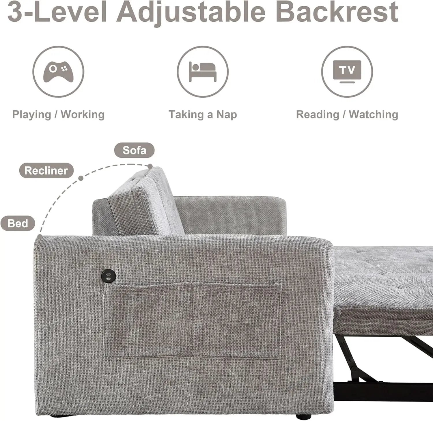 57 Inch Convertible Sofa Bed With USB Charging Ports Grey from PriceLows™