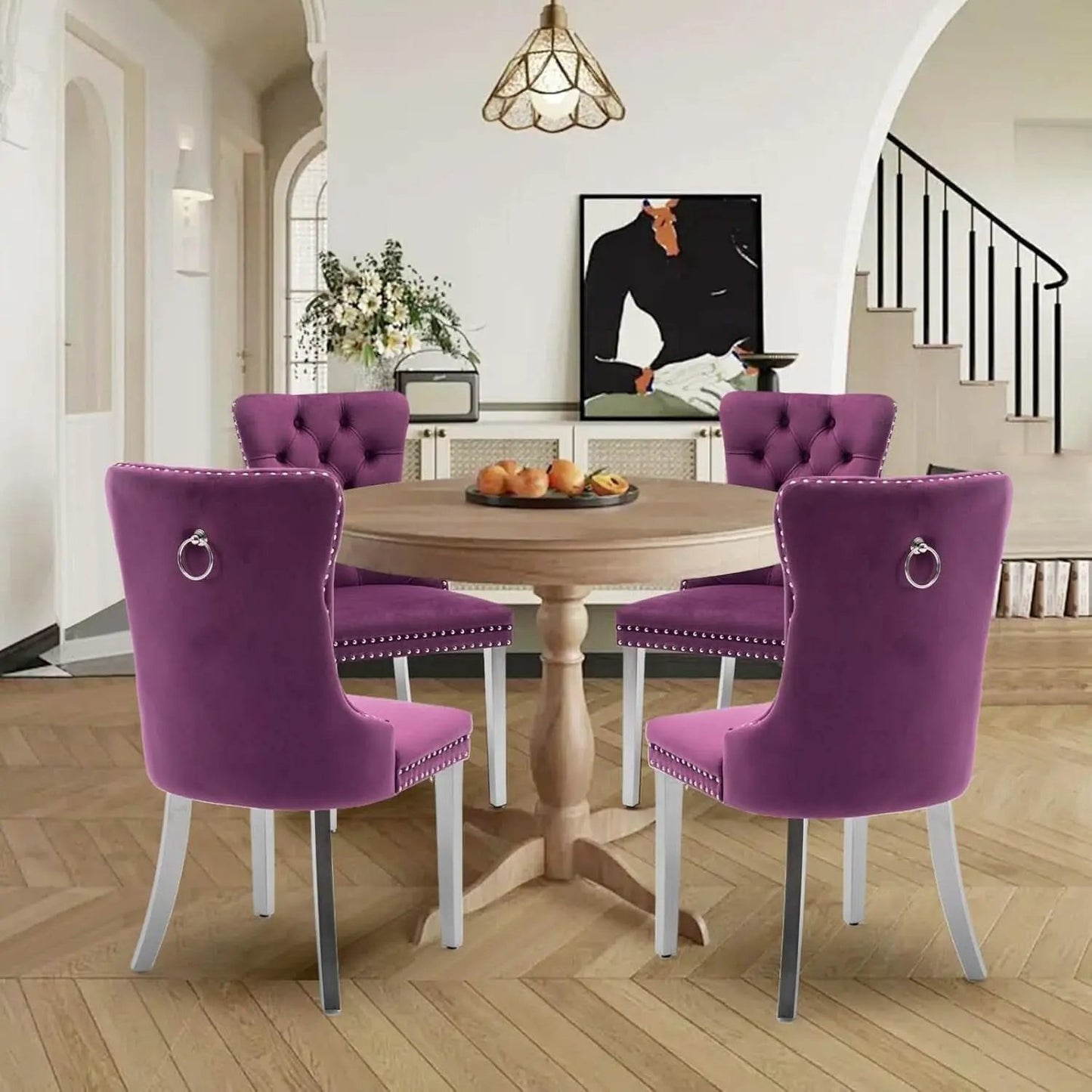 Velvet Dining Chairs Set Of 4 With Nailhead Trim And Silver Plated Legs from PriceLows™