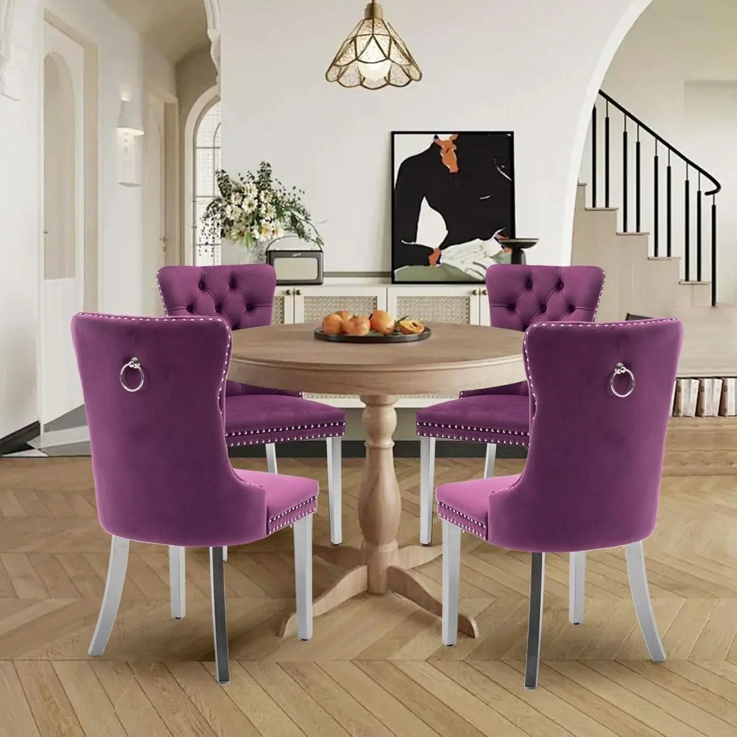 Velvet Dining Chairs Set Of 4 With Nailhead Trim And Silver Plated Legs from PriceLows™