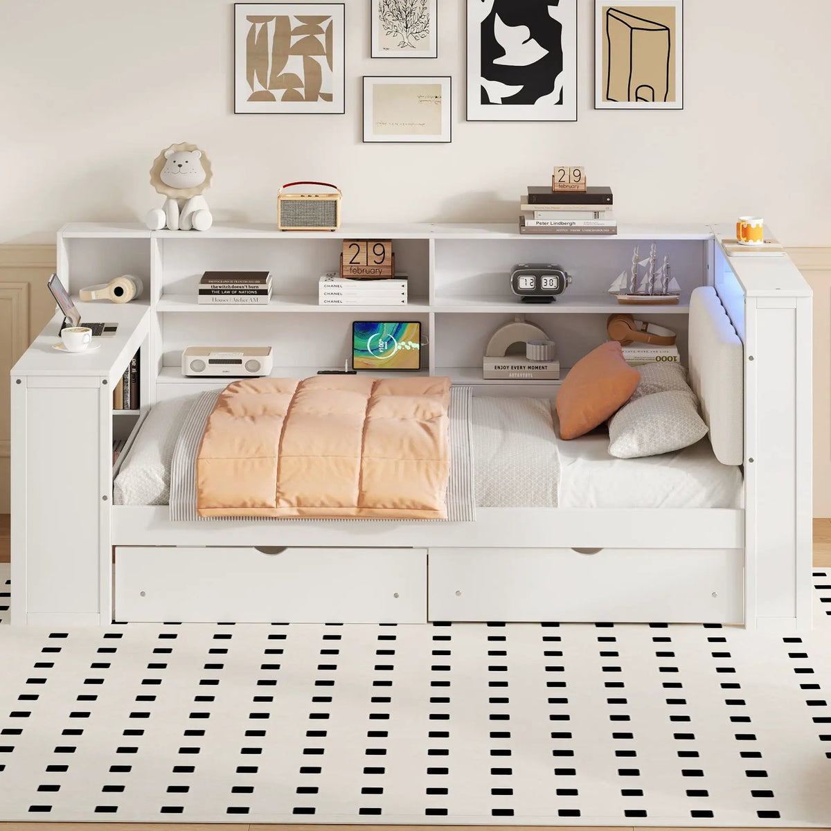 Upholstered Platform Storage Bed | Eight Open Shelves | Two Drawers | LED Lighting And Charging Station