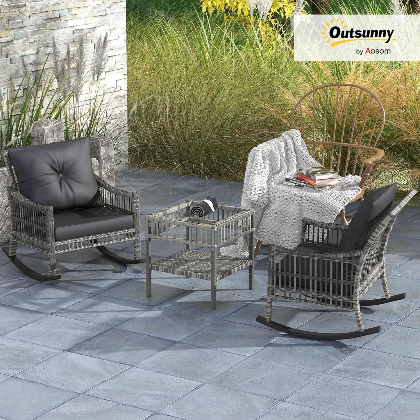 Wicker Outdoor Rocking Chair Set with Storage Table from PriceLows™