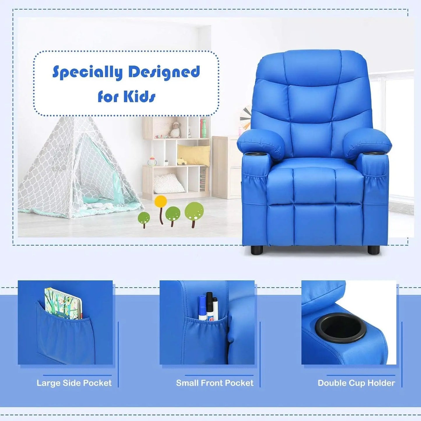 Blue Kids Recliner Chair With Cup Holder And Footrest from PriceLows™
