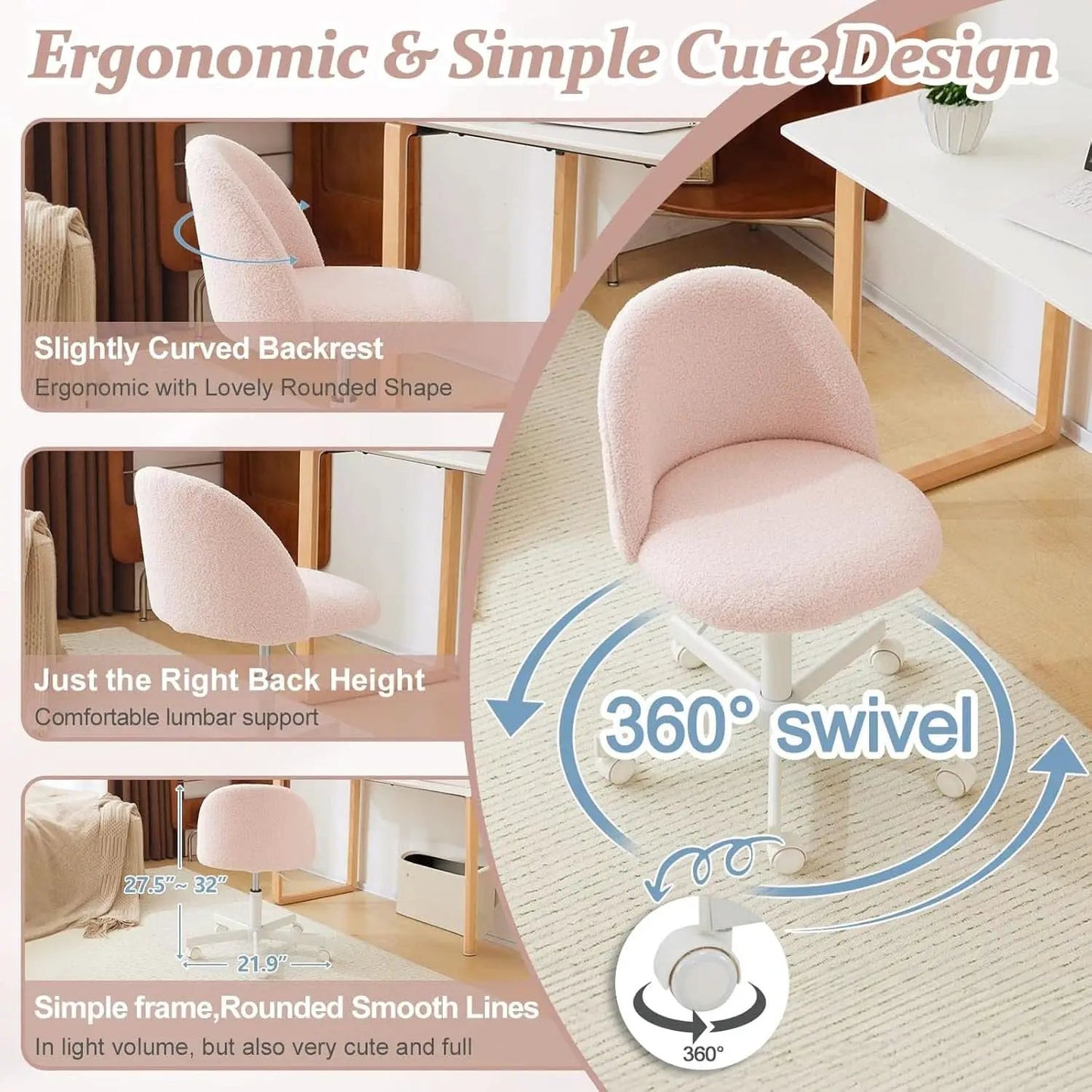 Pink Teddy Desk Chair With Lumbar Support And Wheels from PriceLows™