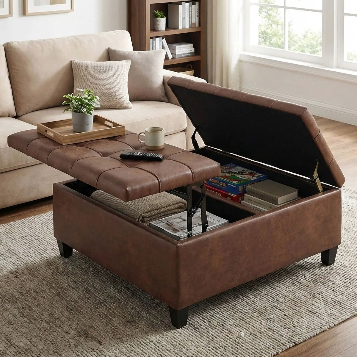 Coffee Table Storage Ottoman | Lift Top Hinge | Solid Wood Base | Large Square