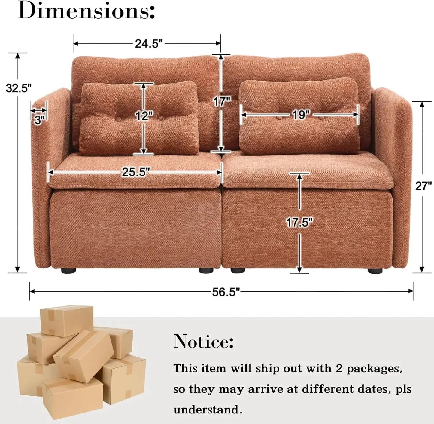 56 Inches Wide Chenille Sectional Loveseat Espresso from PriceLows™