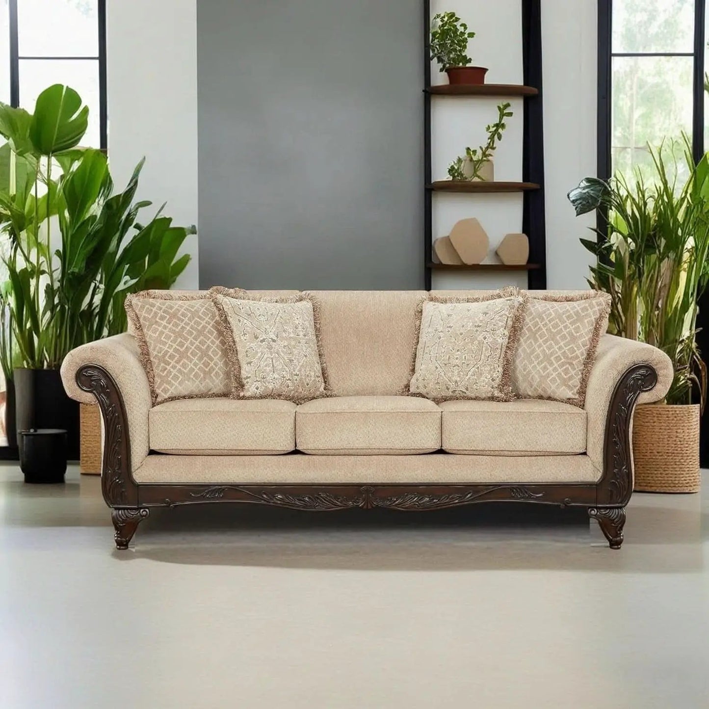 Hernen Carved Wood Frame 5Piece Living Room Set Beige Wheat from PriceLows™
