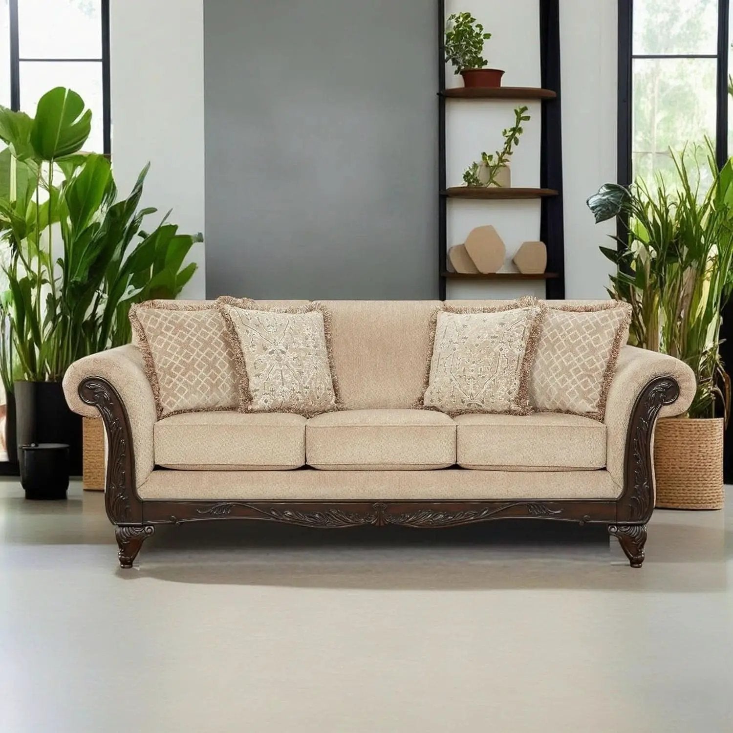 Hernen Carved Wood Frame 5Piece Living Room Set Beige Wheat from PriceLows™