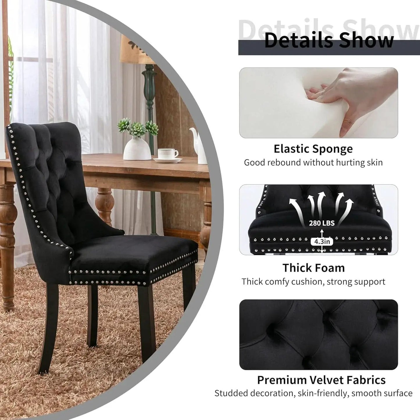BlackGlassDiningSetForFourTuftedChairsWithNonSlipFeet from PriceLows™