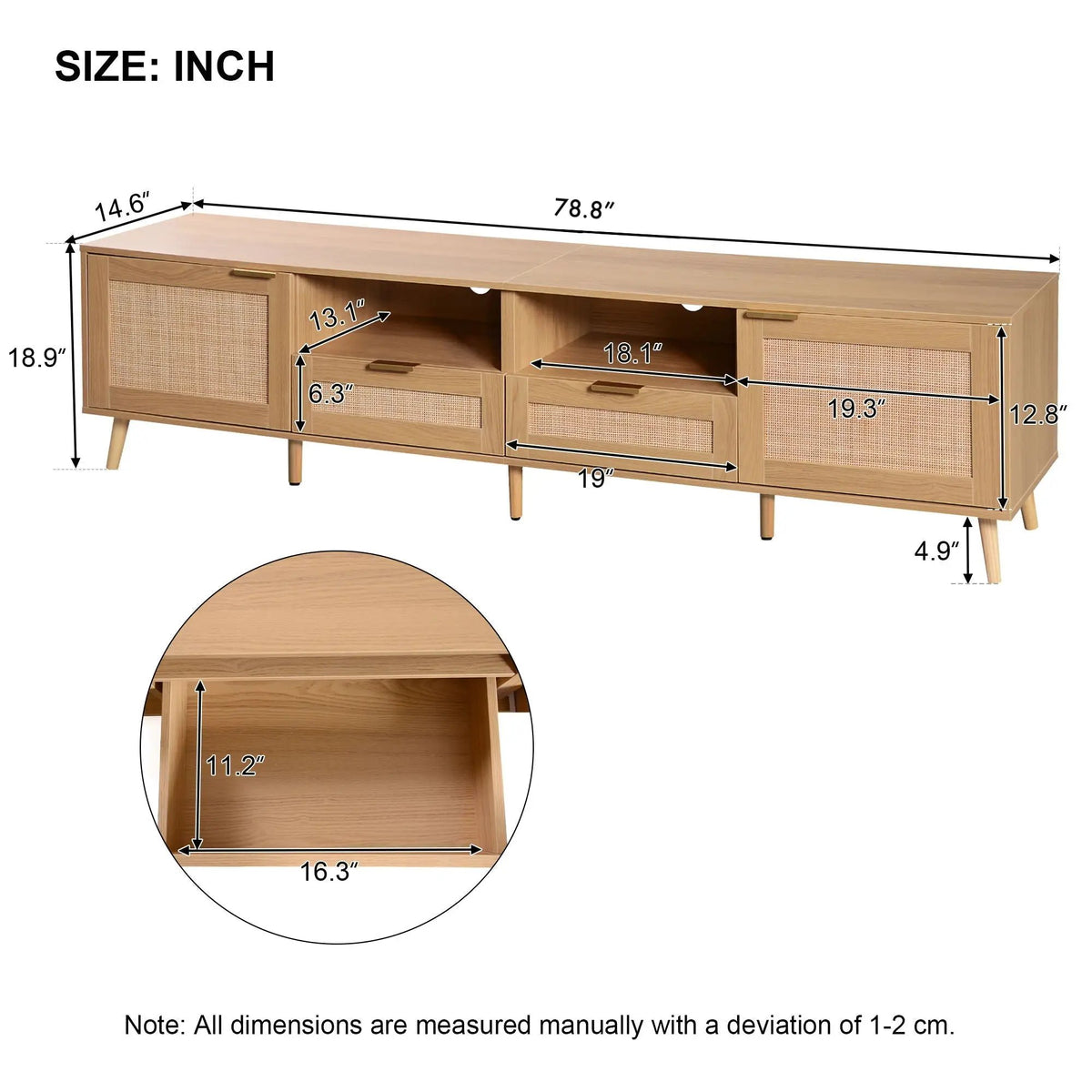 Rattan TV Stand | Media Console | Two Cabinets And Two Open Shelves | Cable Management