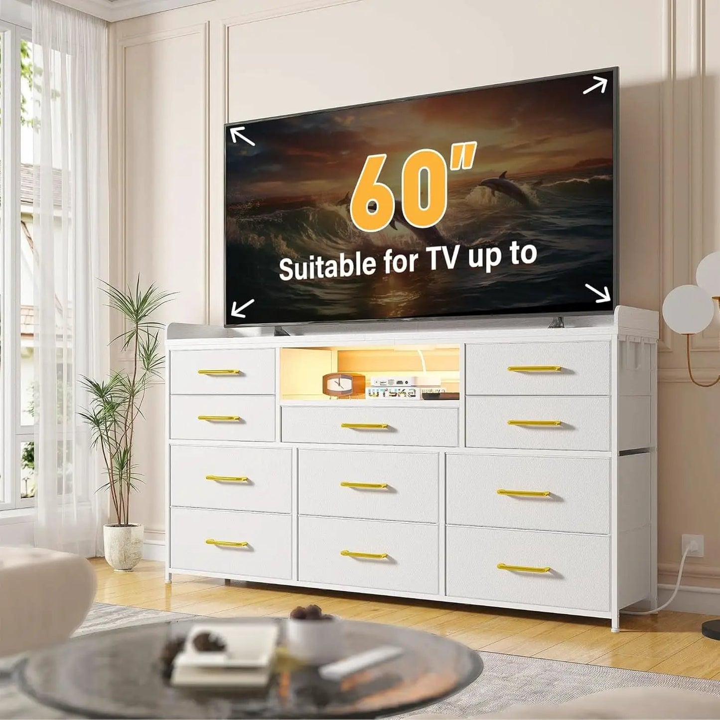 Bedroom Dresser With 11 Drawers And 60 Inch TV Stand White from PriceLows™