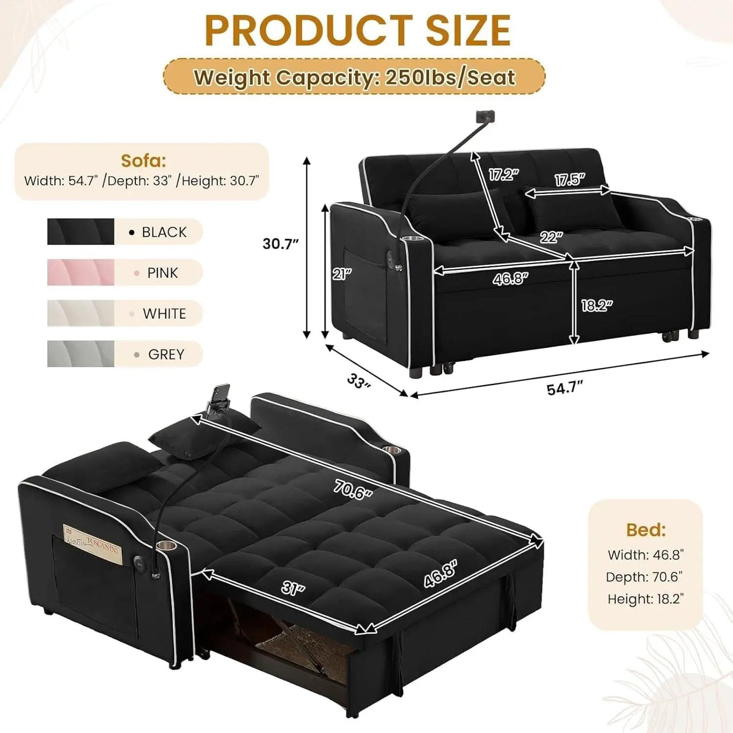 Black Velvet Luxe Sleeper Sofa Bed USB Charging Port from PriceLows™