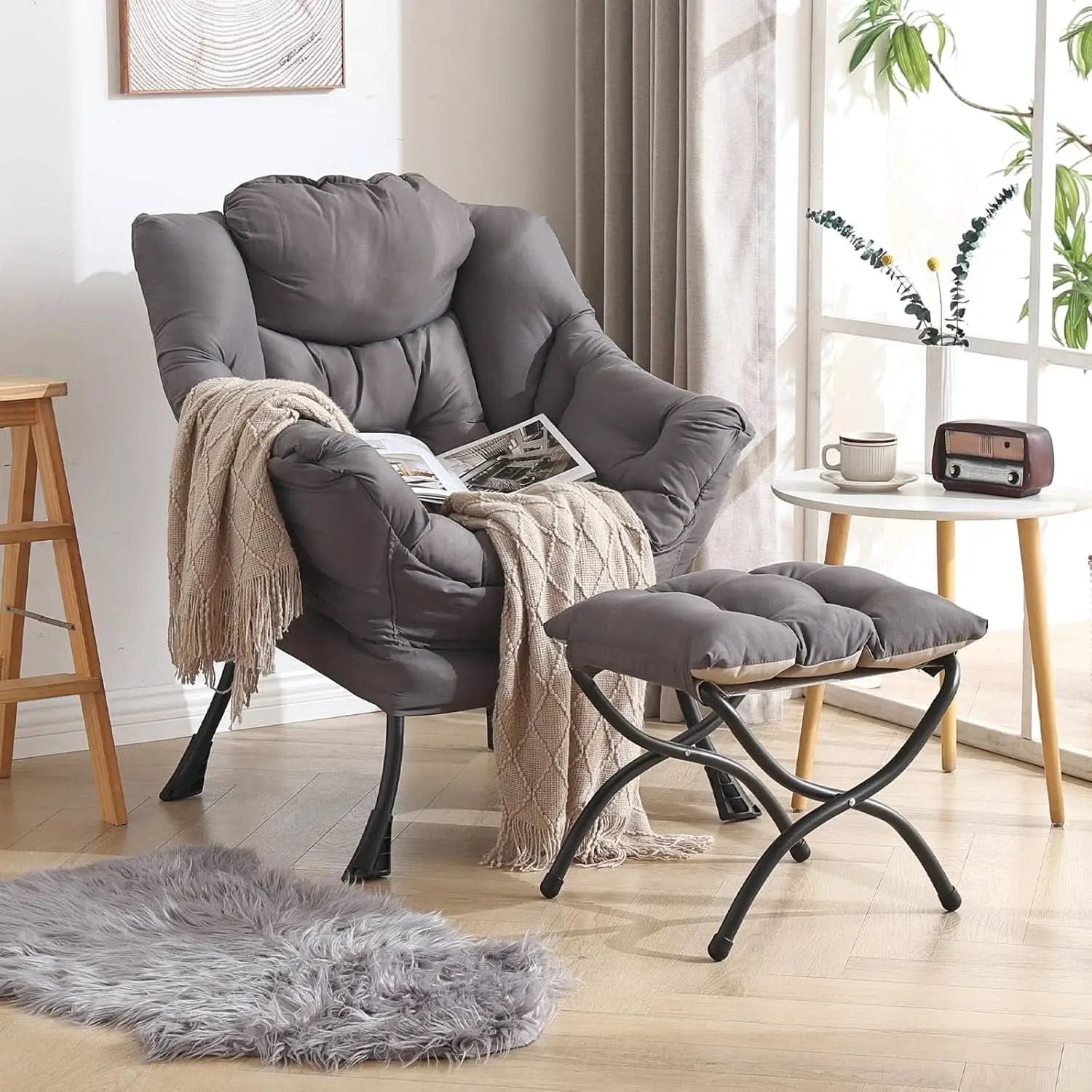 Dark Grey Lazy Chair With Ottoman Footrest And Side Pocket from PriceLows™