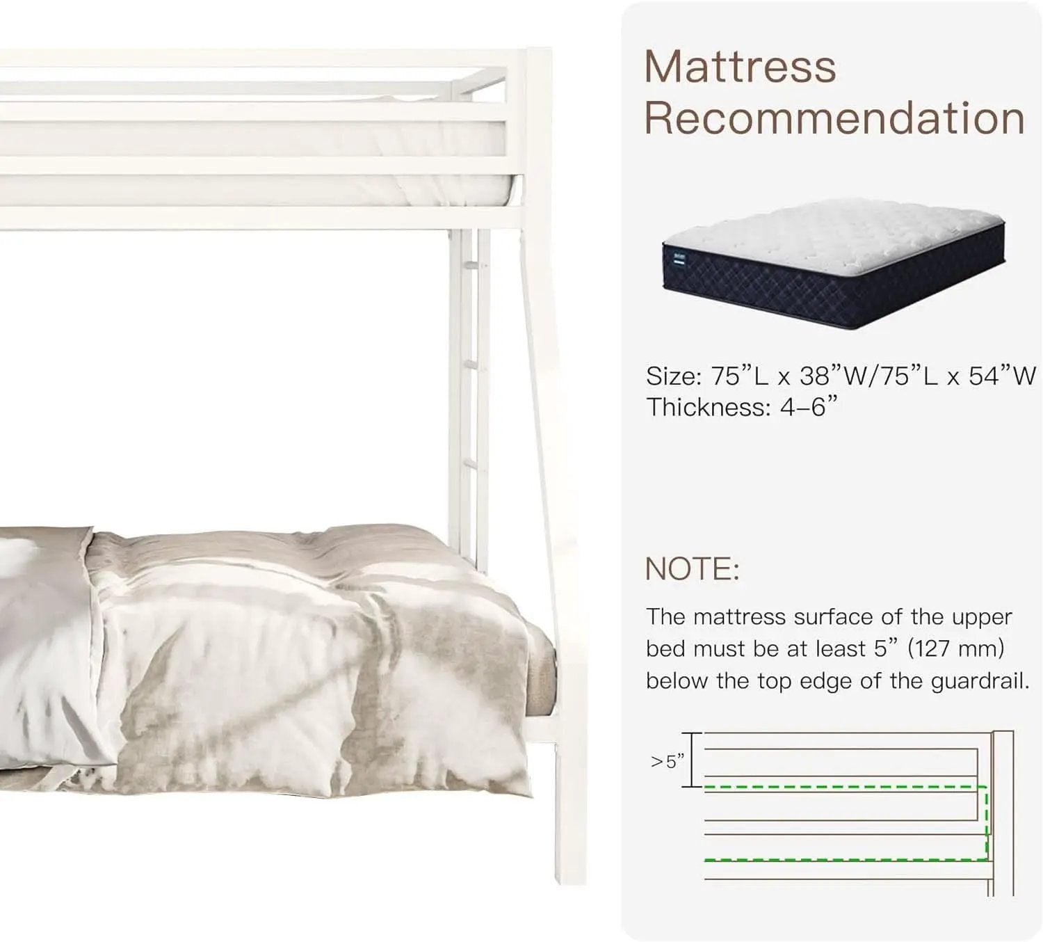 Metal Loft Bunk Bed Twin Over Full Size With Guardrail And Ladder Cream White from PriceLows™