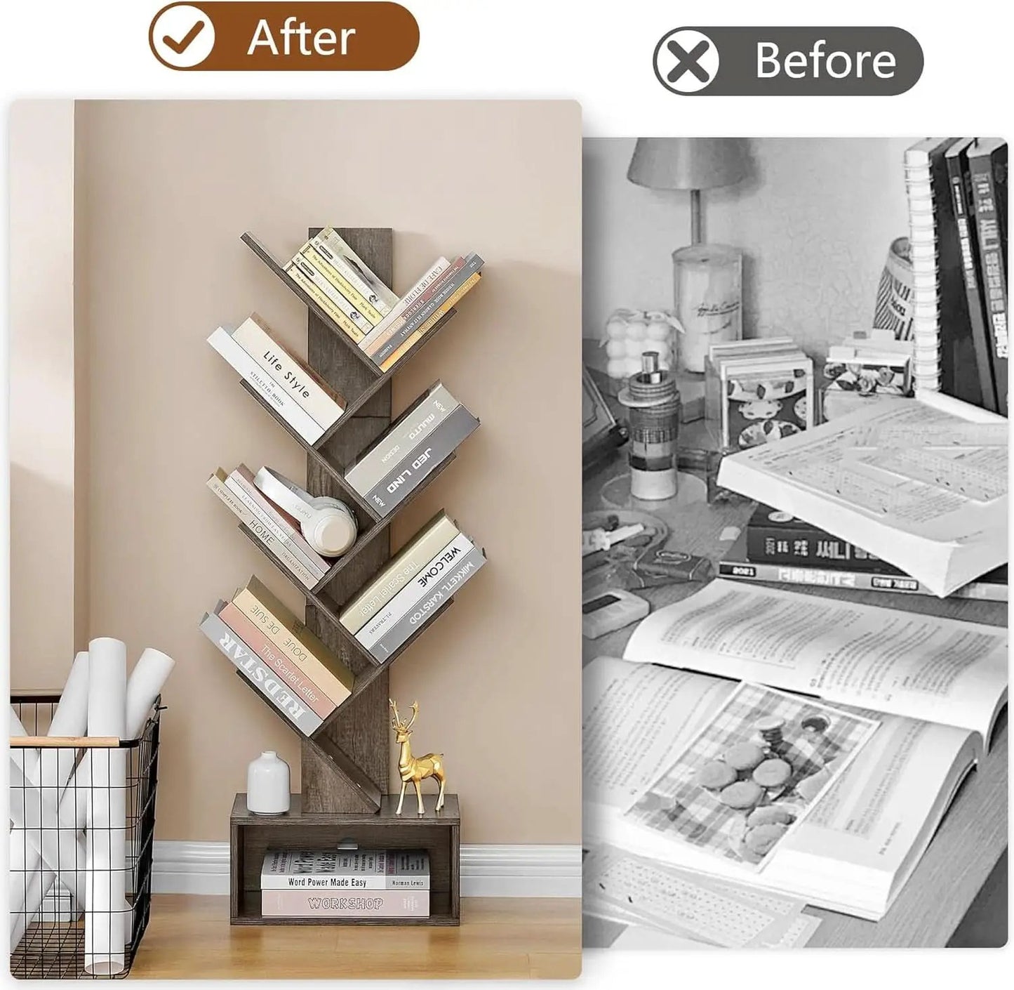 6 Tier Tree Bookshelf Bookcase With Drawer Grey Office from PriceLows™