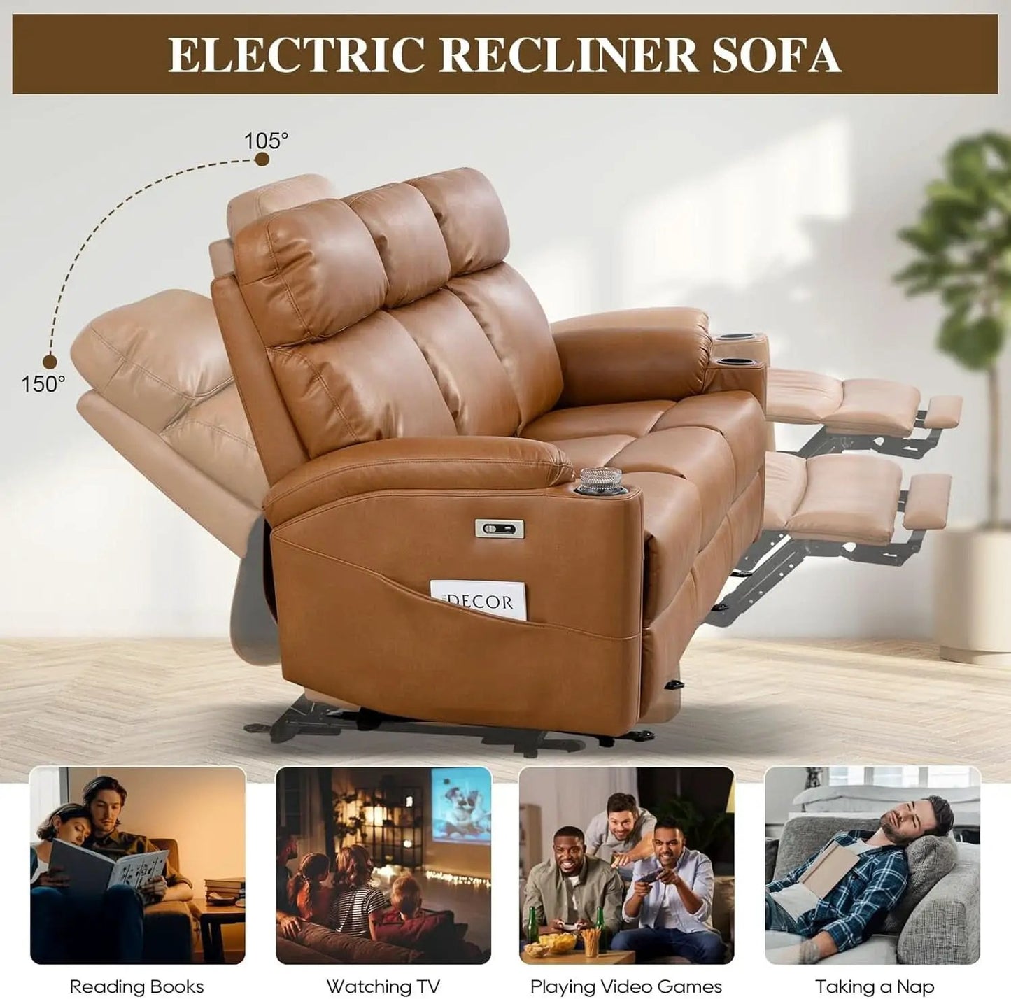 Power Three Seat Recliner Sofa With USB Ports Brown Finish from PriceLows™