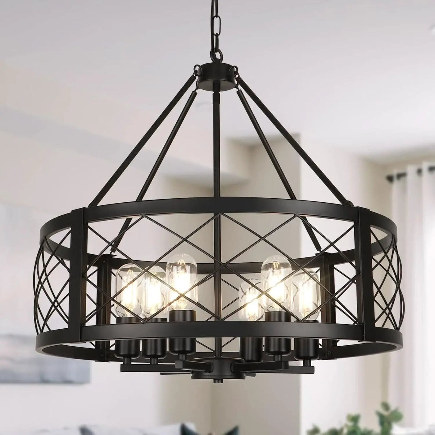 6 Light Black Rustic Drum Chandelier For Dining Room from PriceLows™