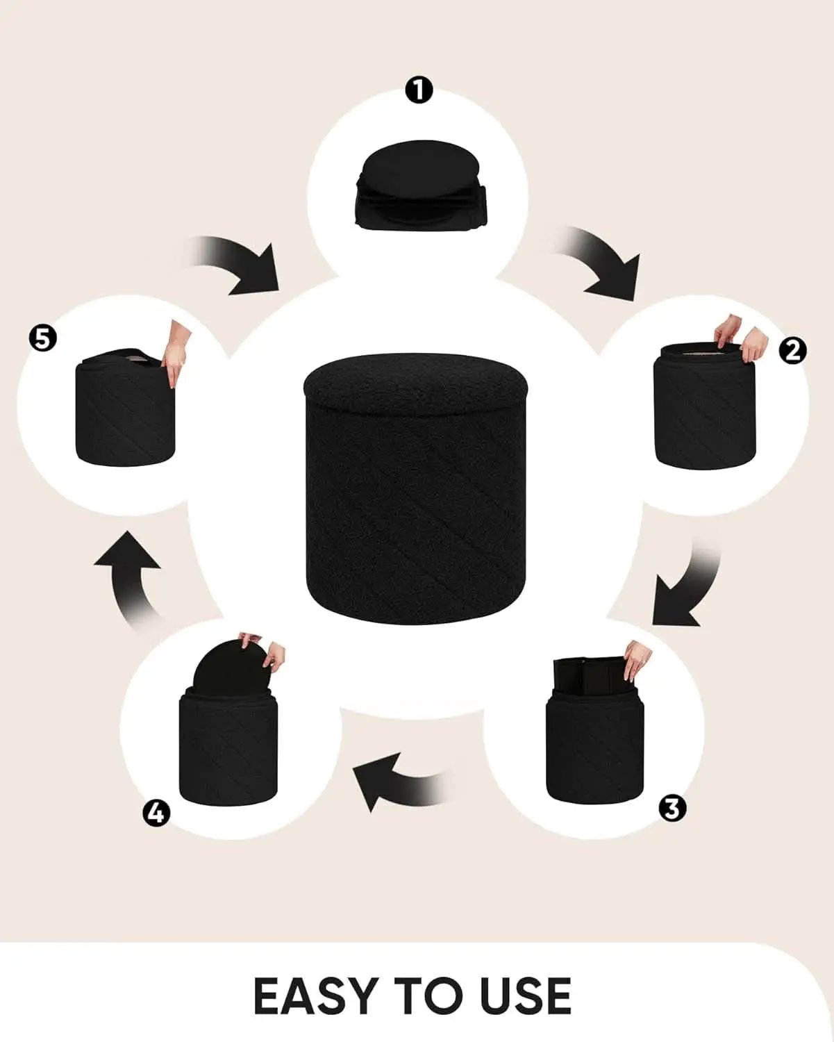 Luxurious Black Boucle Storage Ottoman 12 In Diameter Tray from PriceLows™