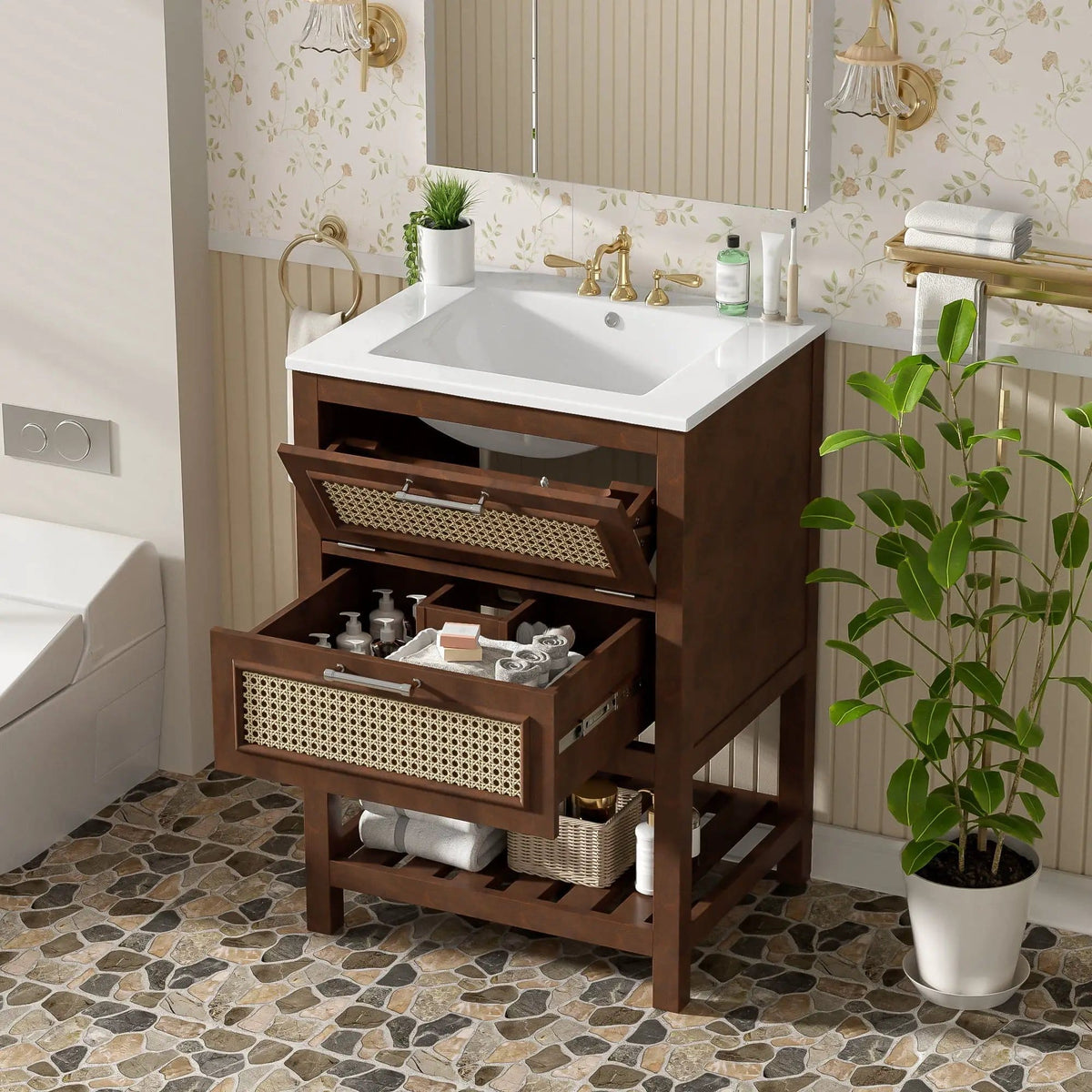 Modern Bathroom Vanity With Integrated Sink, Cabinet With 1 Deep Drawer And 1 | 2 Pieces | Solid Wood & Rattan | Bathroom