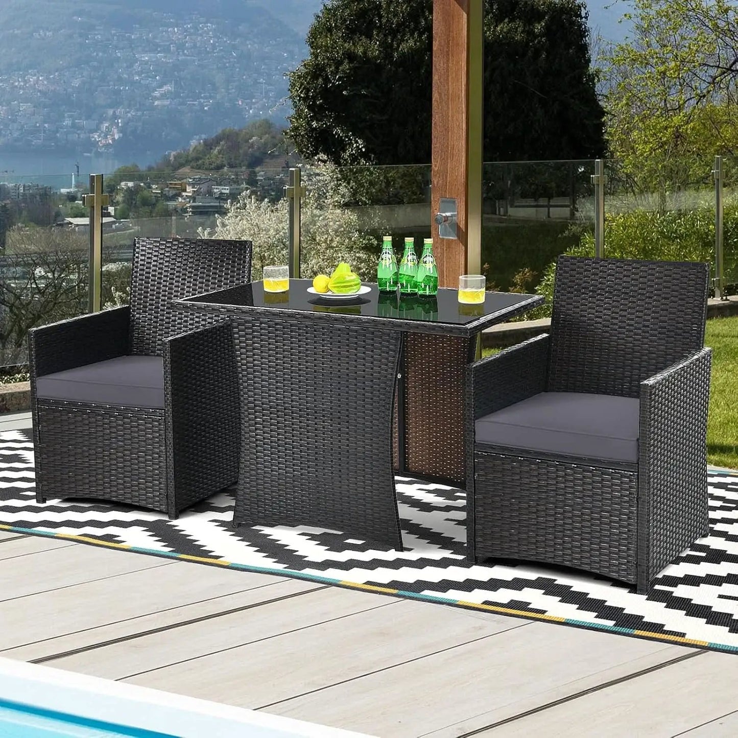 Gray 3 Piece Patio Dining Set With Tempered Glass Table For Outdoor Garden Poolside And Porch from PriceLows™