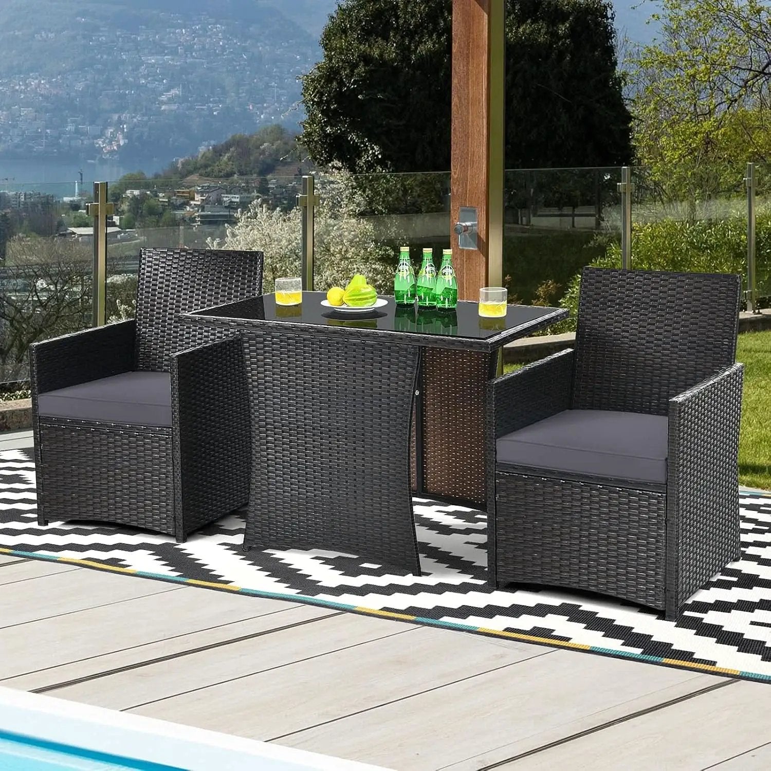 Gray 3 Piece Patio Dining Set With Tempered Glass Table For Outdoor Garden Poolside And Porch from PriceLows™