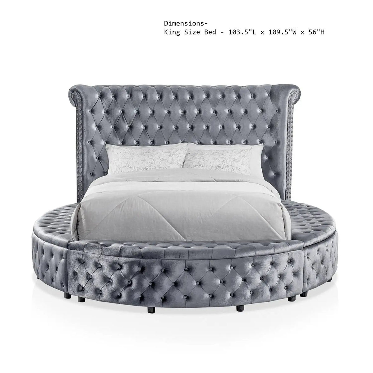 Glam Round Bed | Button Tufted Wingback Headboard | Storage | USB Ports