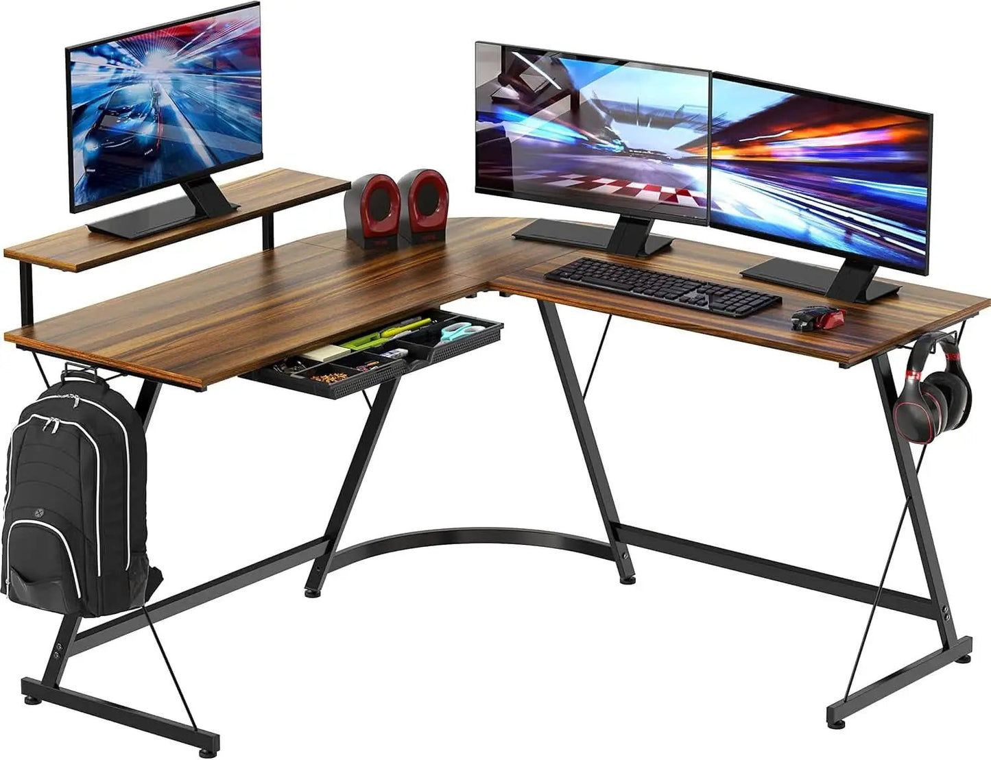 Vista L Shape Desk With Monitor Stand Walnut Finish from PriceLows™